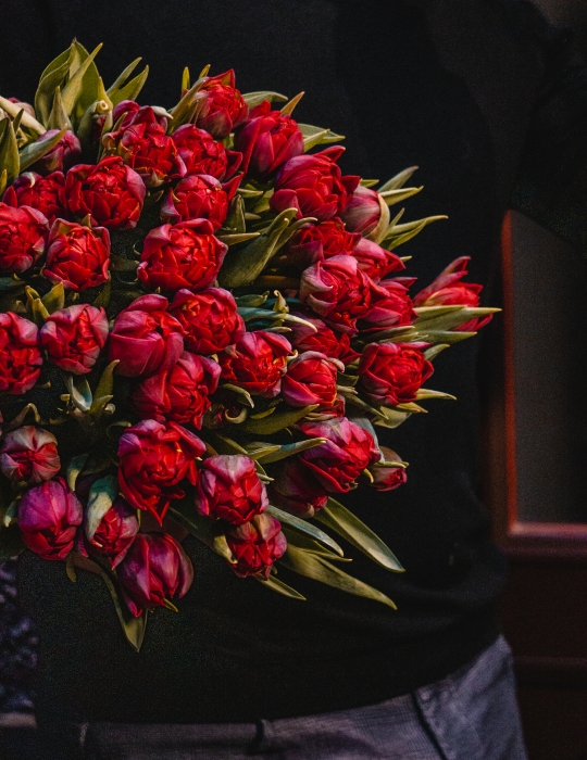 Bouquet with red peony tulips